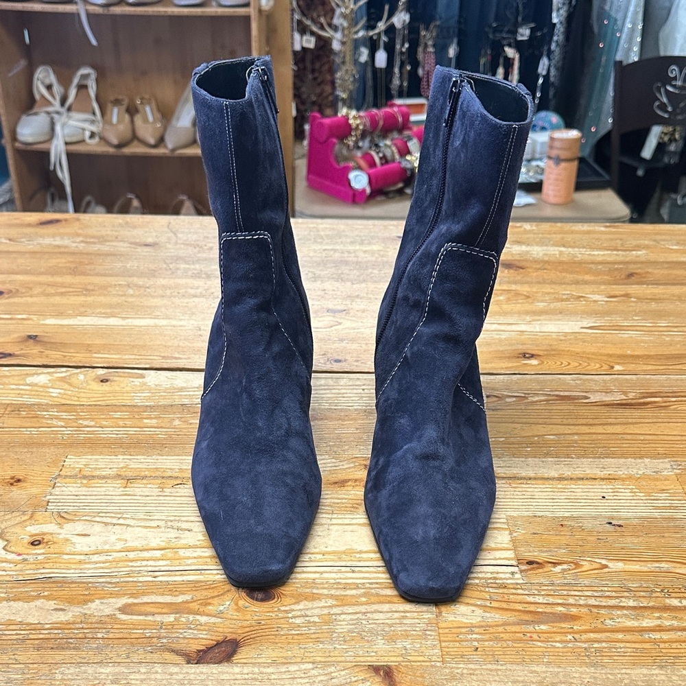 Women's Navy Suede Mid-Calf Heeled Boots